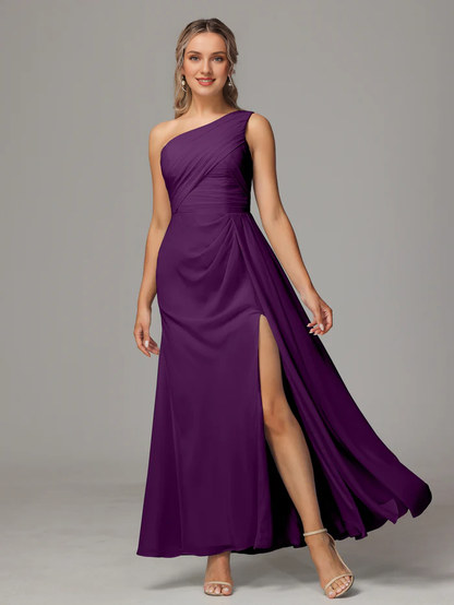 One shoulder and floor length chiffon bridesmaid dress