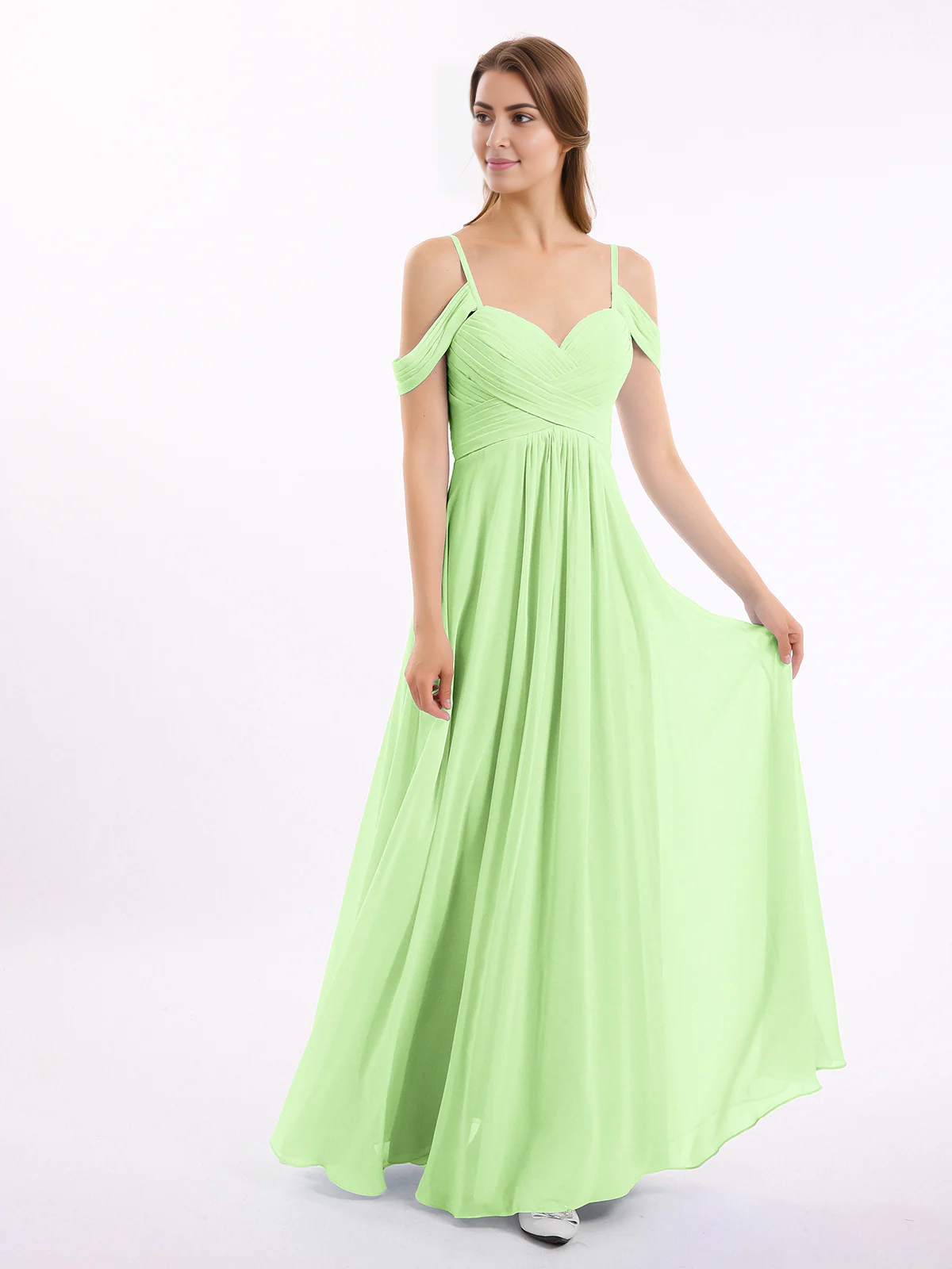 Off shoulder thin shoulder strap chiffon dress