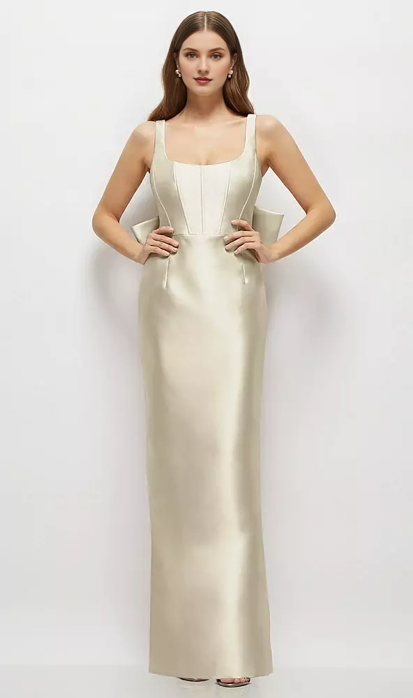 Bow low round neck tight corset satin and floor length bridesmaid dress