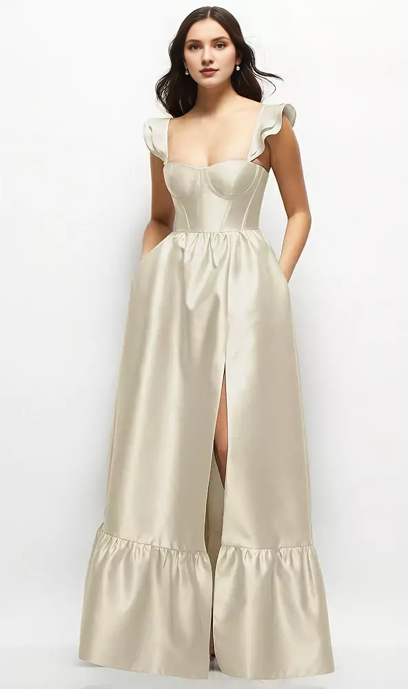 Ruffle shoulder strap satin tight corset long bridesmaid dress