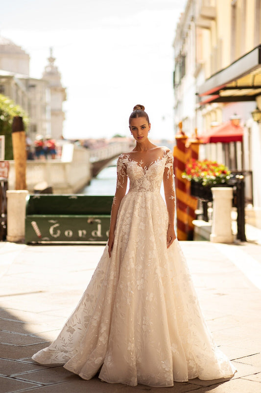 A line illusion floral pattern lace wedding dress with long sleeves , sweetheart illusion neckline