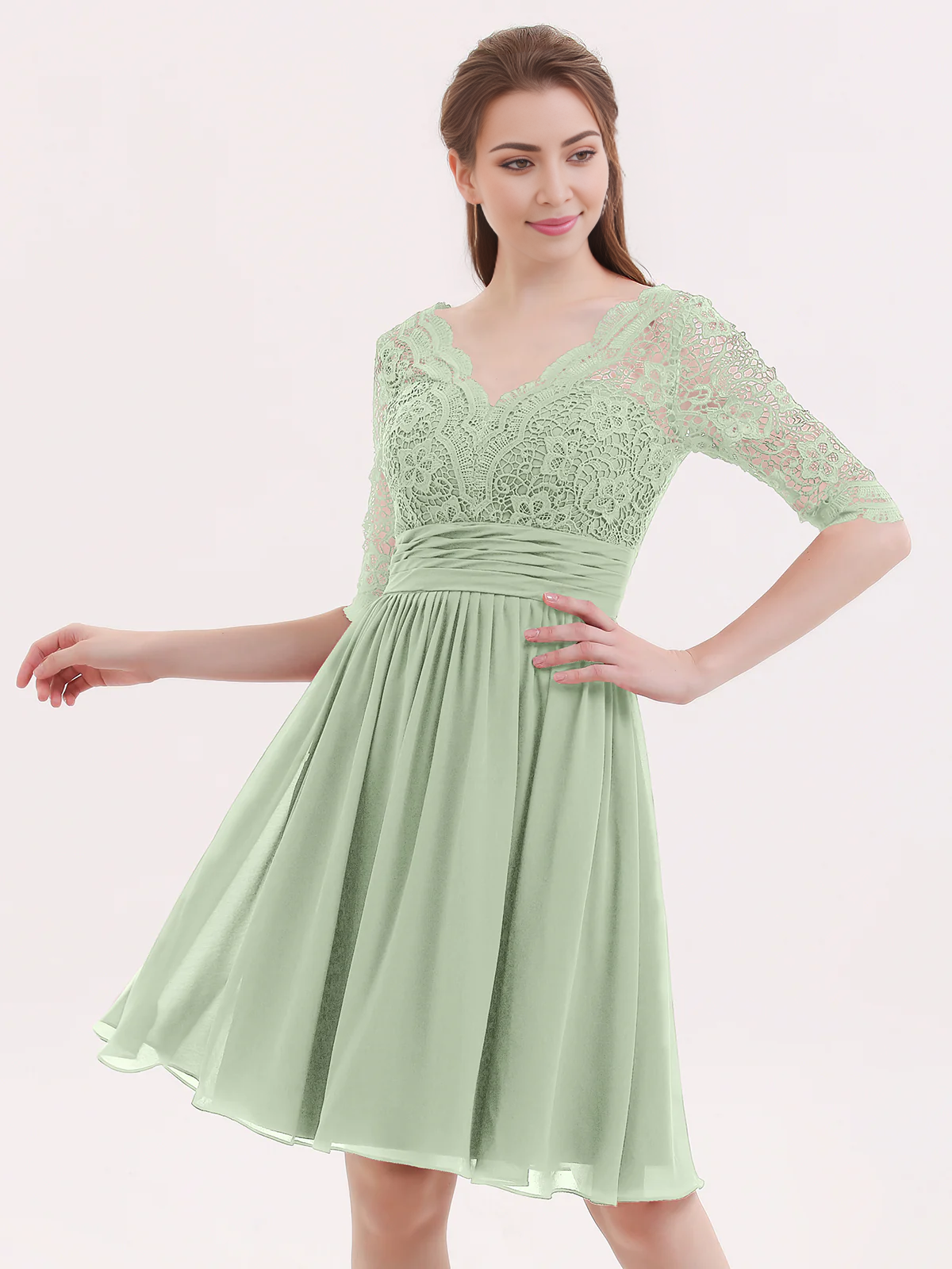 Lace chiffon five quarter sleeve short dress