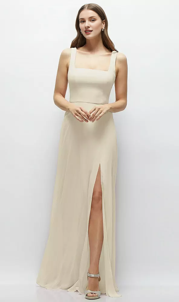 Round skirt square neck chiffon extra long bridesmaid dress