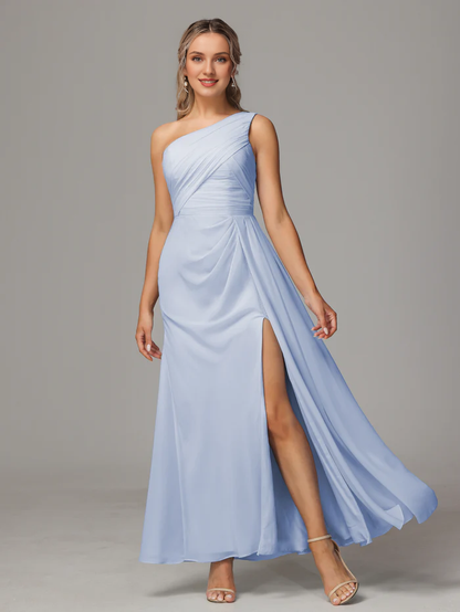 One shoulder and floor length chiffon bridesmaid dress