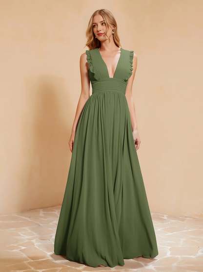 Deep V-neck ruffled pleated bridesmaid dress