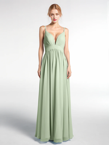 Deep V-neck high waisted chiffon long dress