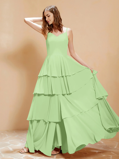 Bohemian style V-neck and floor length skirt with flowing ruffle edge bridesmaid dress