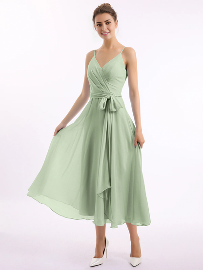 Belt bow thin shoulder strap long dress