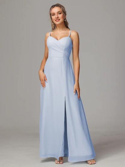 Thin shoulder strap sweetheart chiffon slit bridesmaid dress