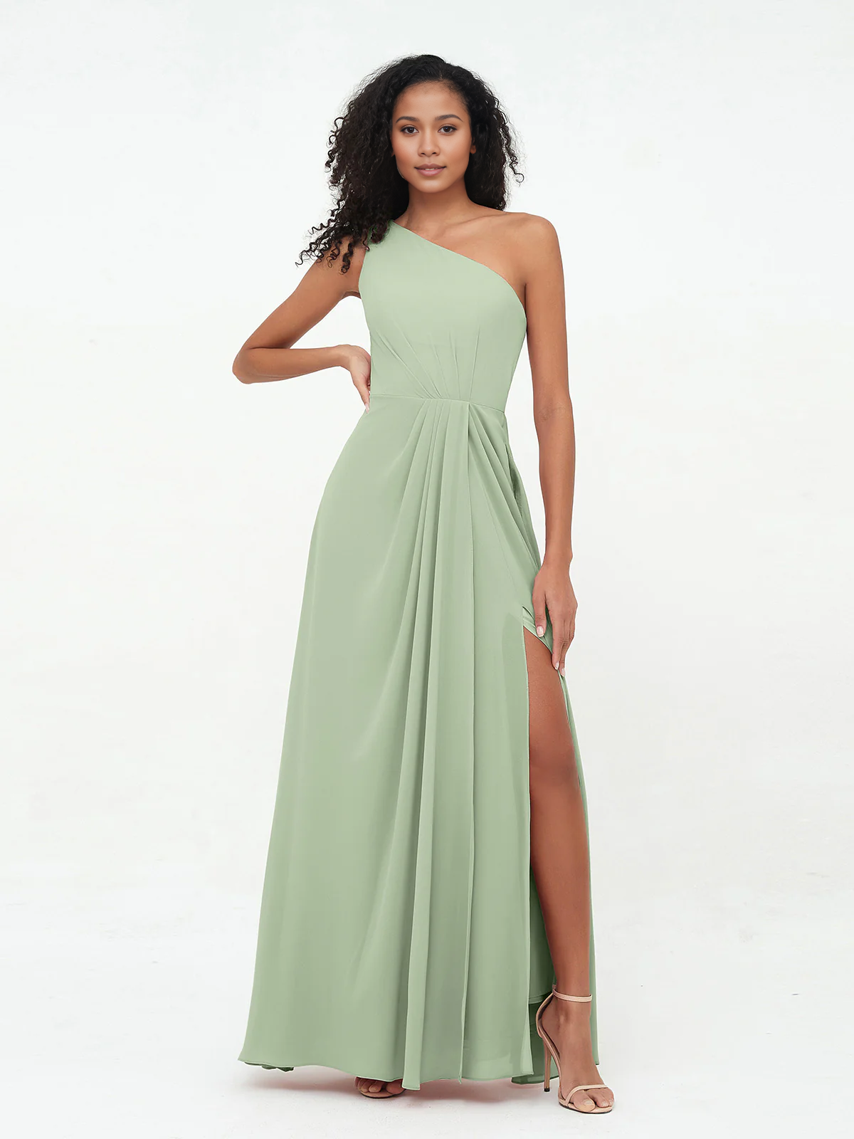 Split grey rose one shoulder chiffon bridesmaid dress