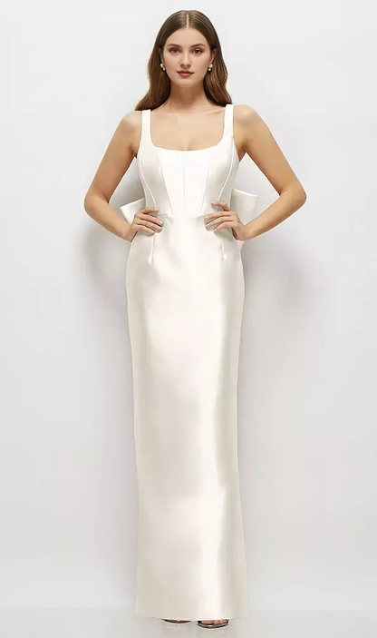 Bow low round neck tight corset satin and floor length bridesmaid dress