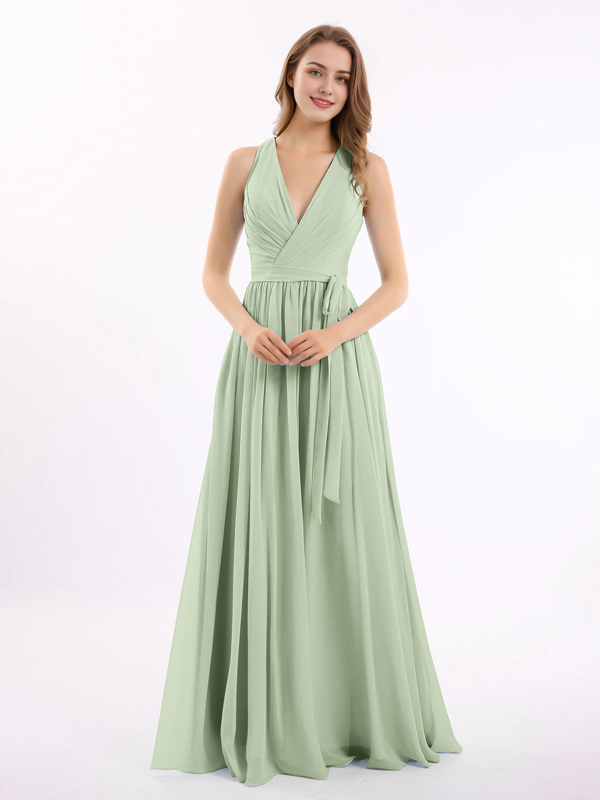 Deep V-neck belt bow chiffon dress