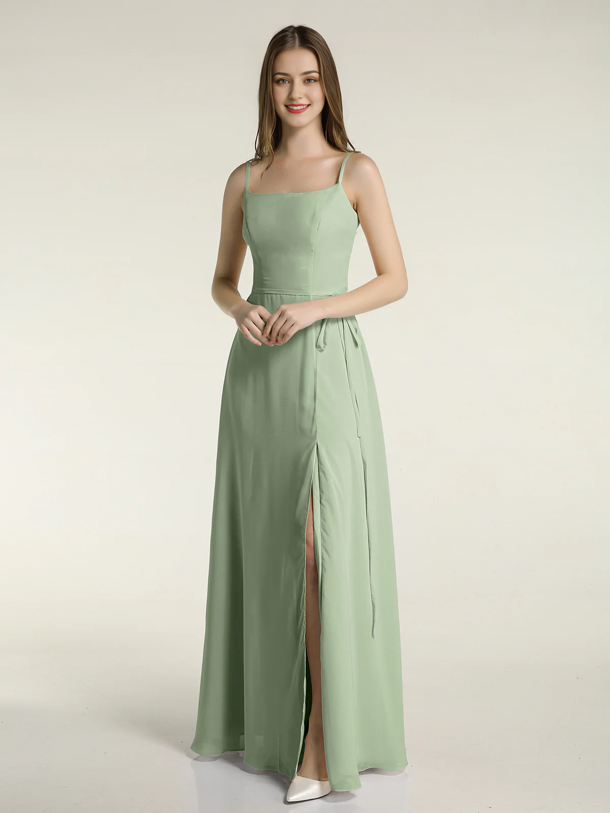 Simple slim shoulder strap slit chiffon dress