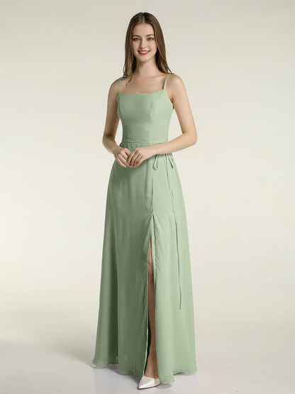 Simple slim shoulder strap slit chiffon dress