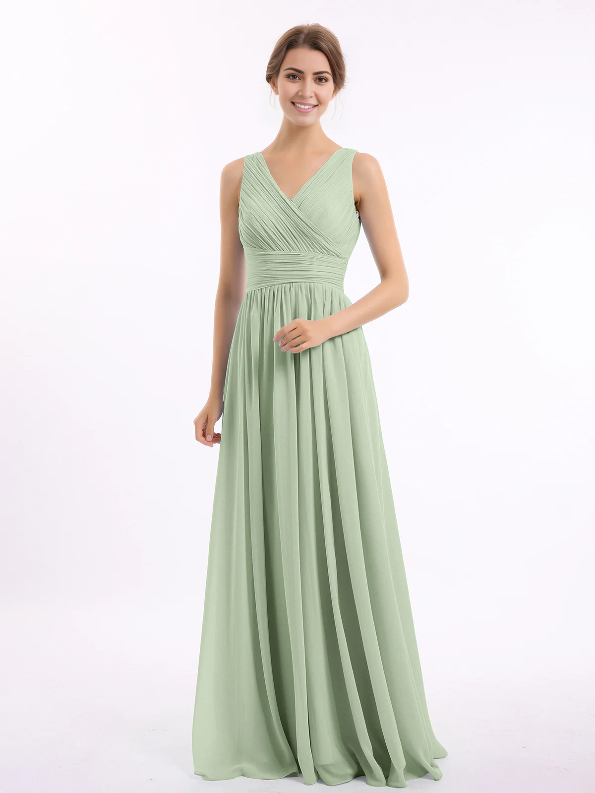 V-neck and floor chiffon dress