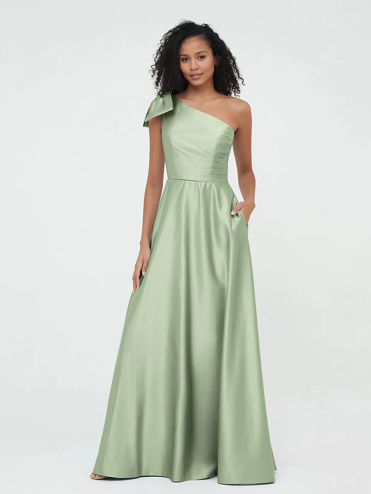 Pocket one shoulder long satin bridesmaid dress