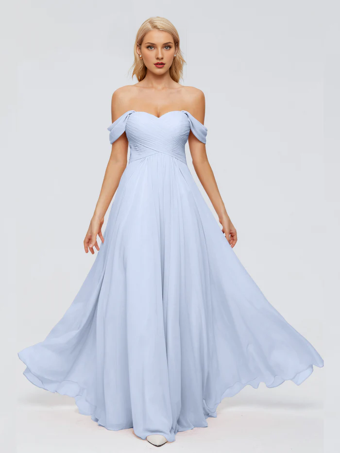 Off shoulder chiffon and floor length bridesmaid dress