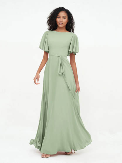 Bow fluttering sleeves chiffon bridesmaid dress