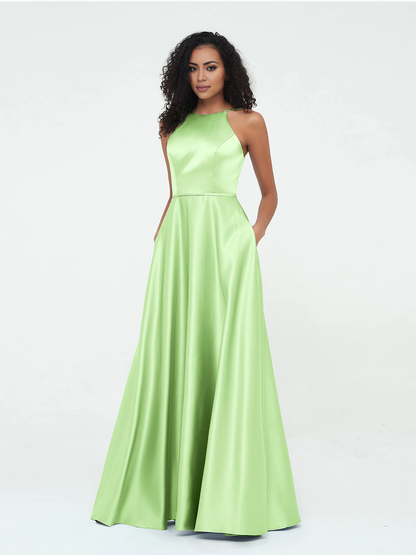 A-line hanging neck large pocket satin dress