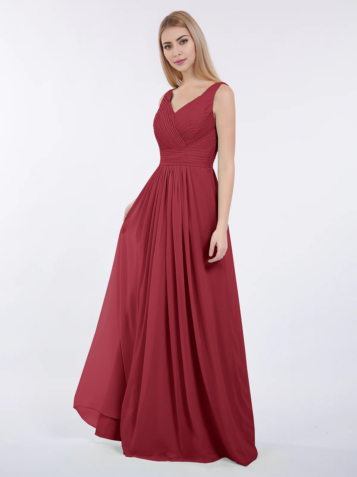 V-neck full-length chiffon pleated dress