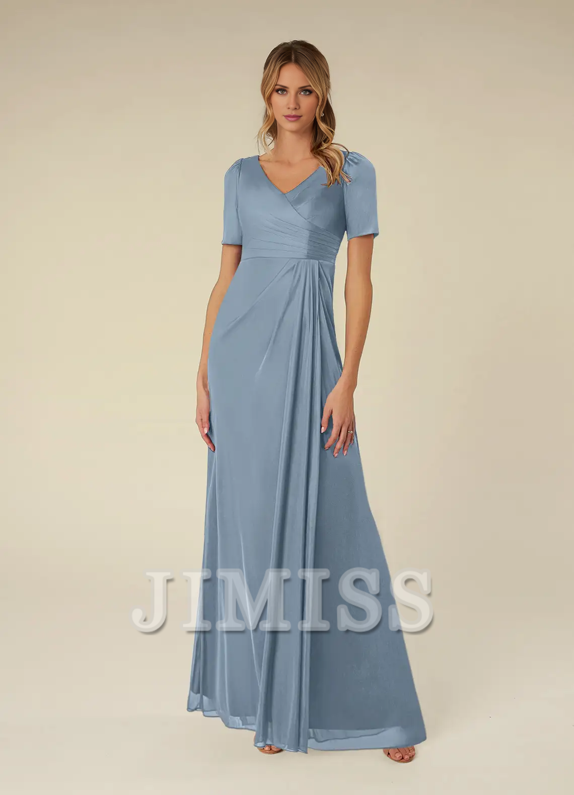 A-Line Pleated Chiffon Short Sleeves Floor-Length Mother of the Bride & Groom Dresses with Slit