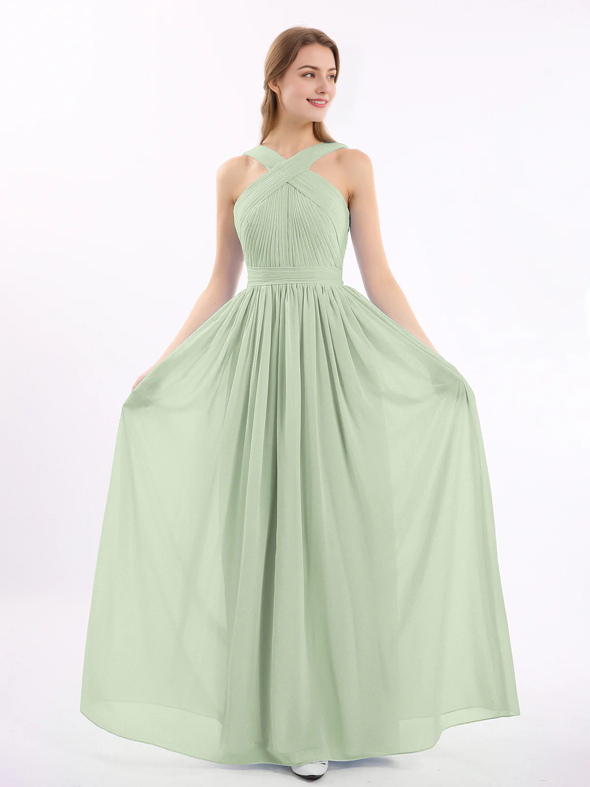 Bow front cross chiffon long dress