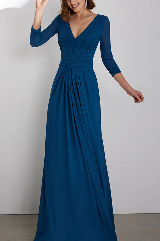 V-neck 3/4 sleeve A-line pleated train tailcoat mother of the bride dresses
