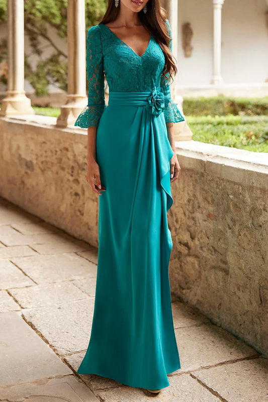 Elegant and luxurious V-neck 3/4 sleeve waistband mother of the bride dresses