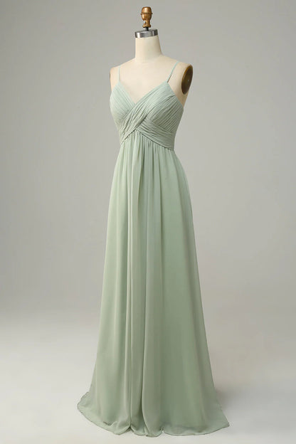 Sleeveless Dusty Sage Bridesmaid Dress with Thin Shoulder Straps