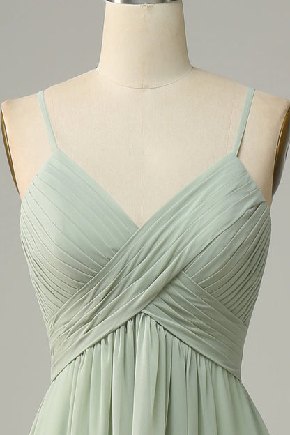 Sleeveless Dusty Sage Bridesmaid Dress with Thin Shoulder Straps