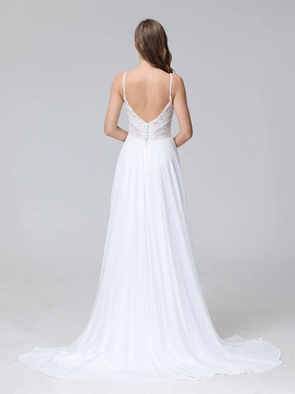 A-line thin shoulder strap V-neck sleeveless long chiffon wedding dress