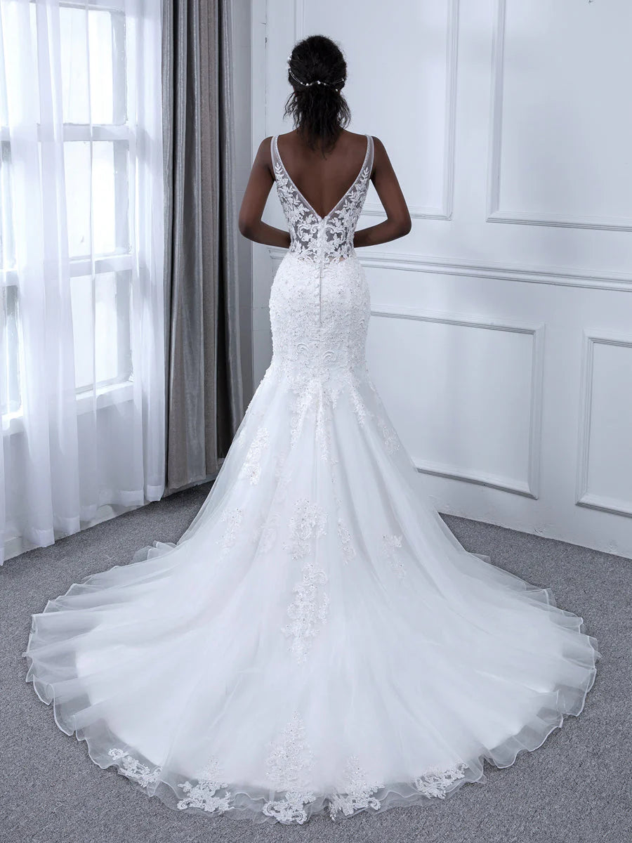 V-neck sleeveless beaded applique sequin sheer fishtail wedding dress