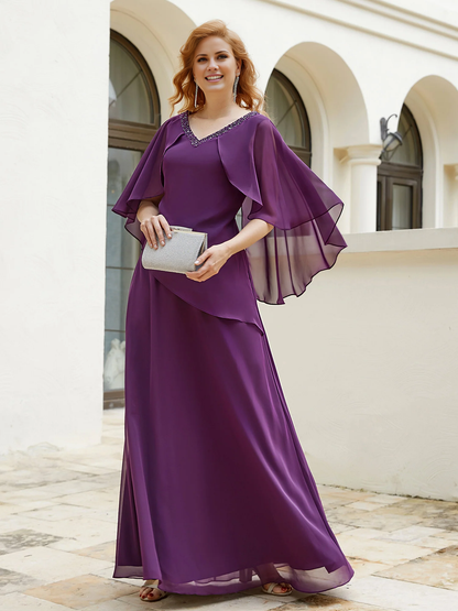 Elegant sleeves adorned with beaded mother of the bride dress