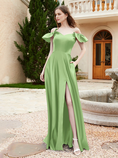 Pocket off shoulder satin bridesmaid dress