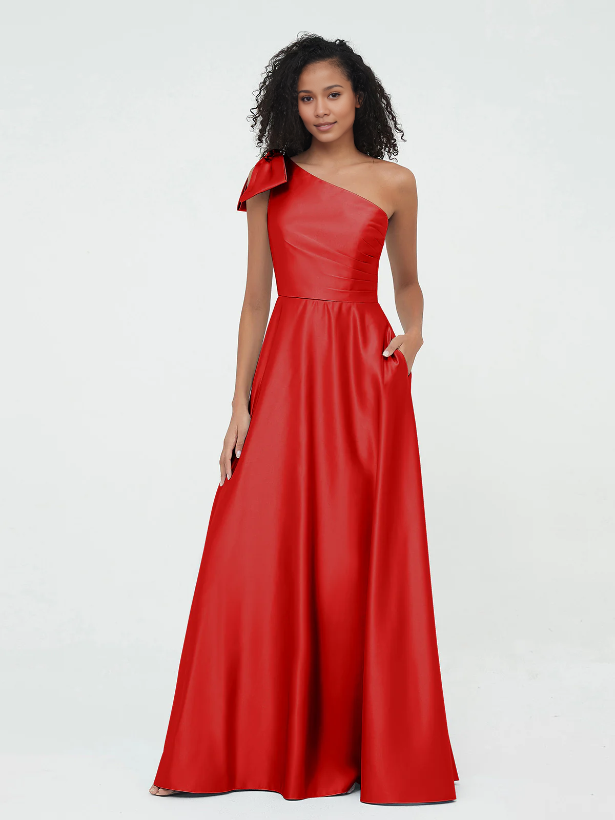 Pocket one shoulder long satin bridesmaid dress