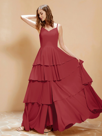 Bohemian style V-neck and floor length skirt with flowing ruffle edge bridesmaid dress