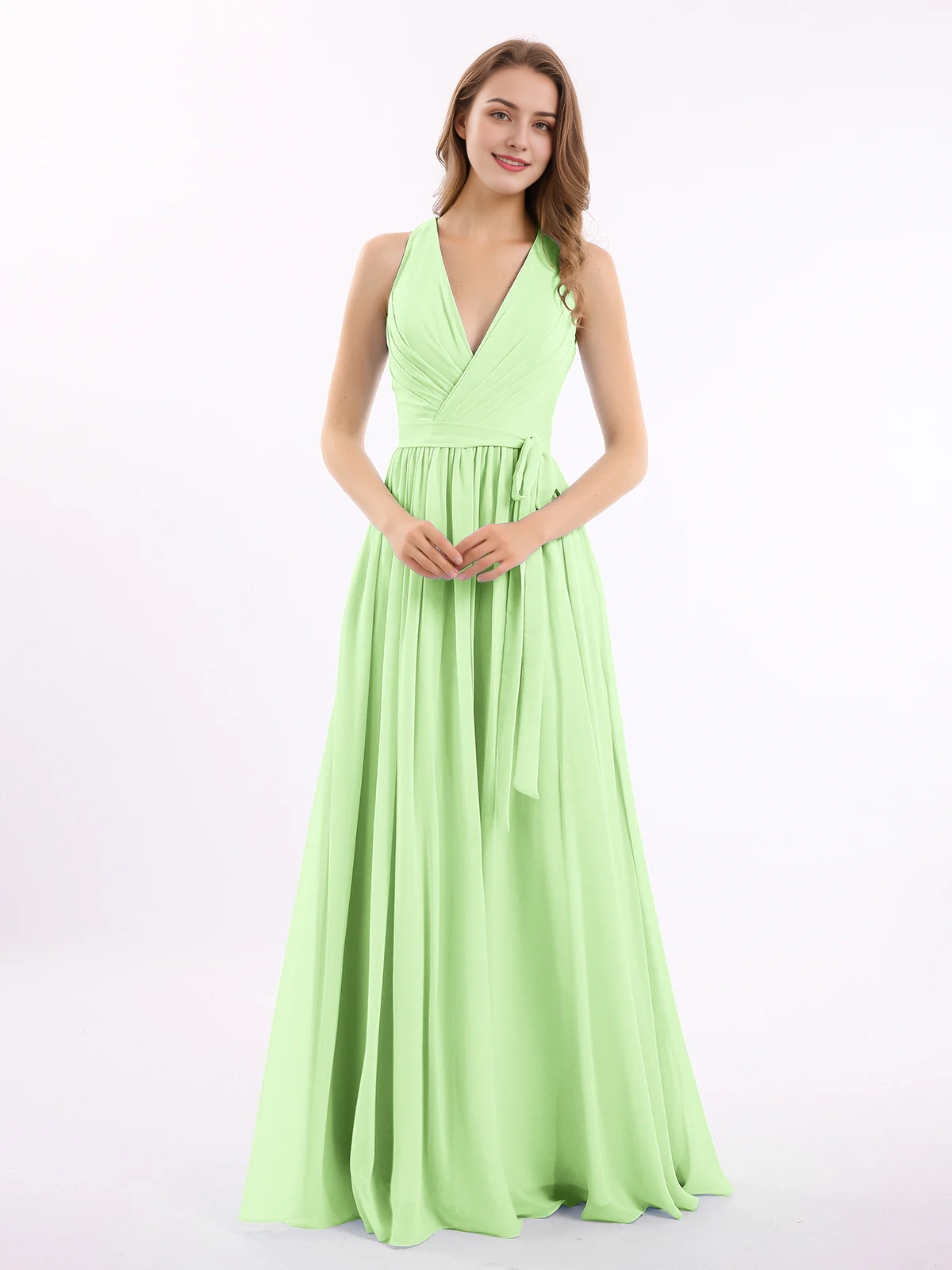 Deep V-neck belt bow chiffon dress