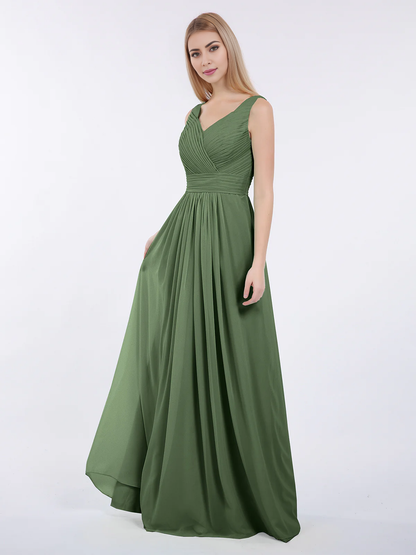 V-neck full-length chiffon pleated dress