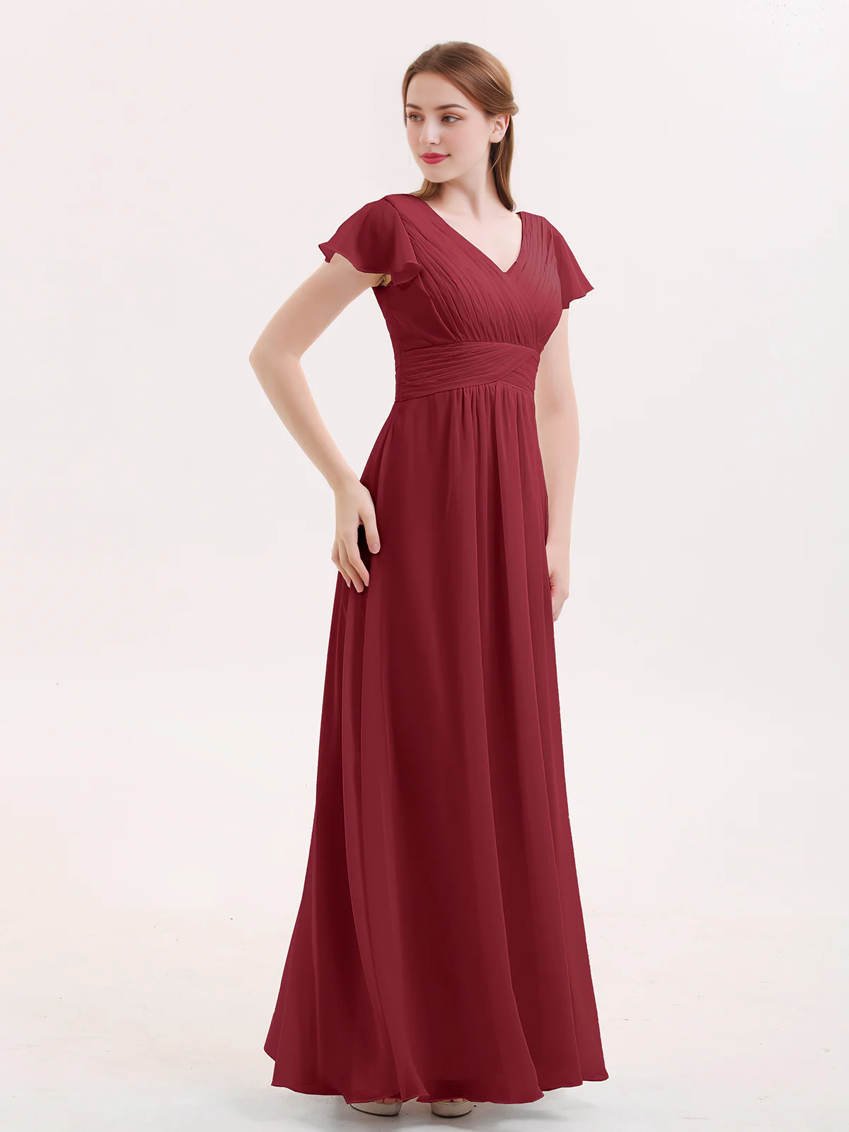 Hooded chiffon bridesmaid dress with long sleeves