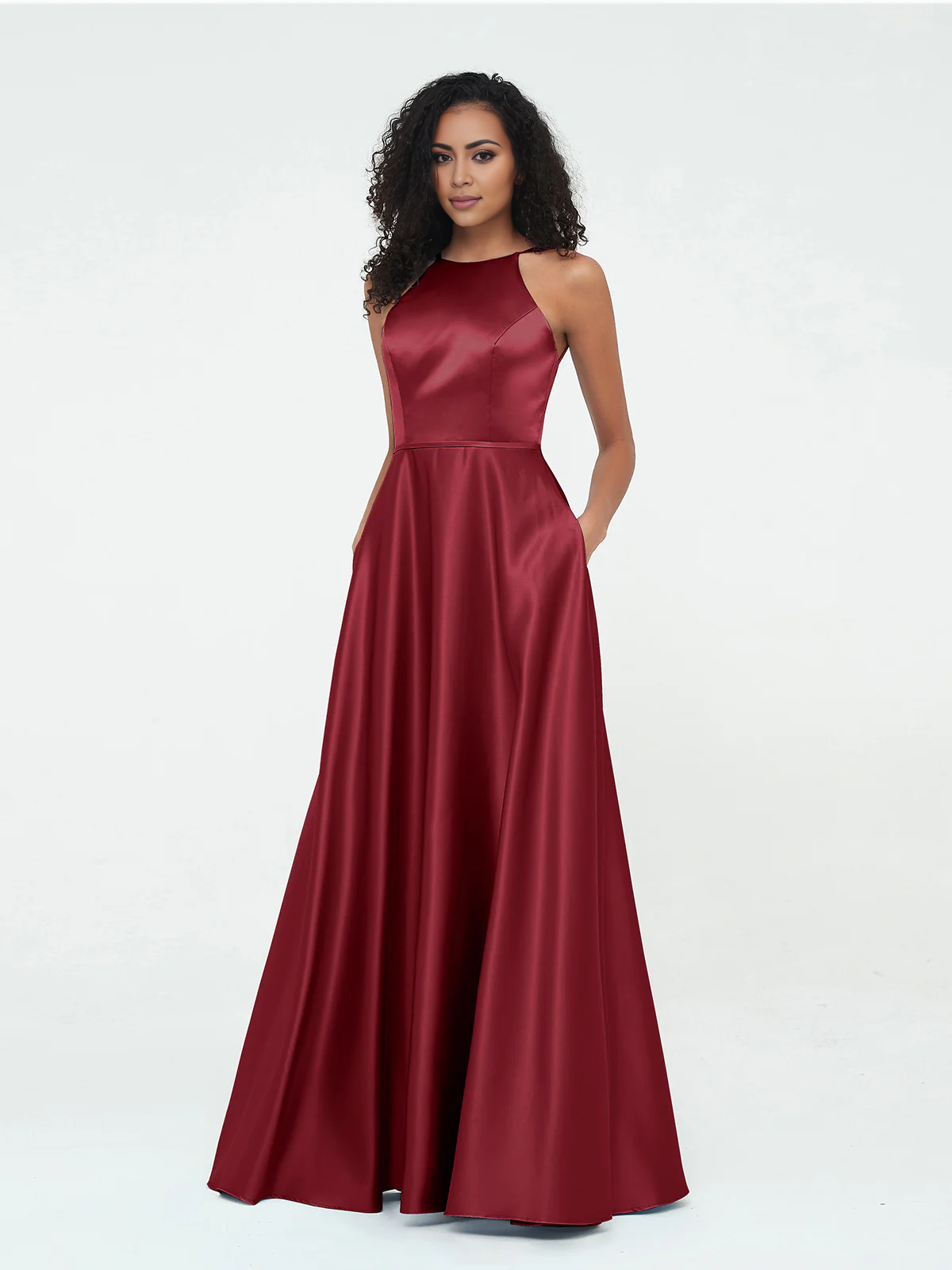 A-line hanging neck large pocket satin dress