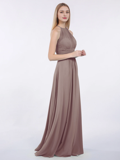 Hanging neck chiffon extra long bridesmaid dress