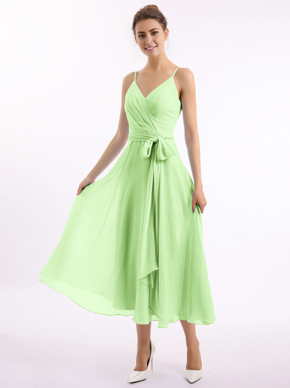 Belt bow thin shoulder strap long dress