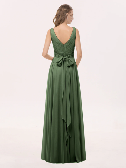 V-neck bow chiffon long bridesmaid dress