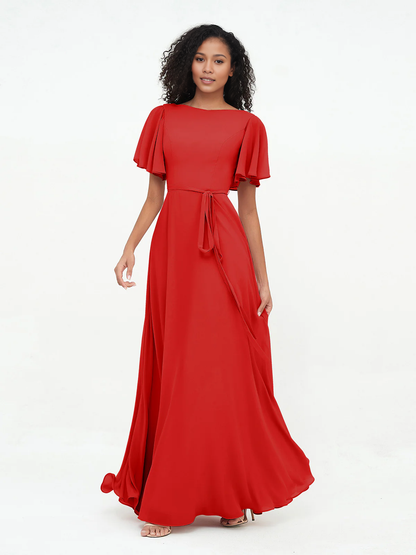 Bow fluttering sleeves chiffon bridesmaid dress