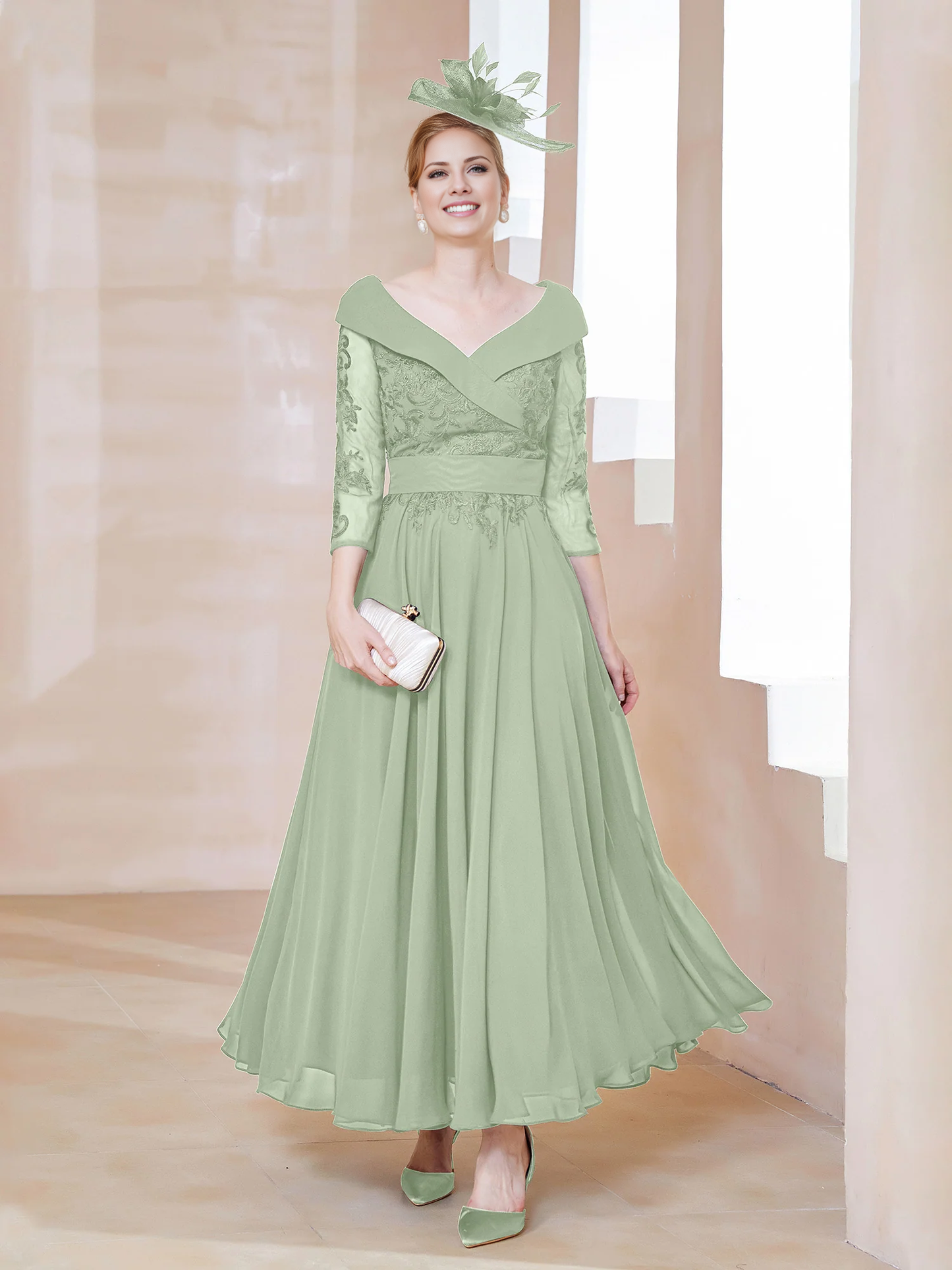 A-shaped V-neck applique chiffon mother of the bride dress