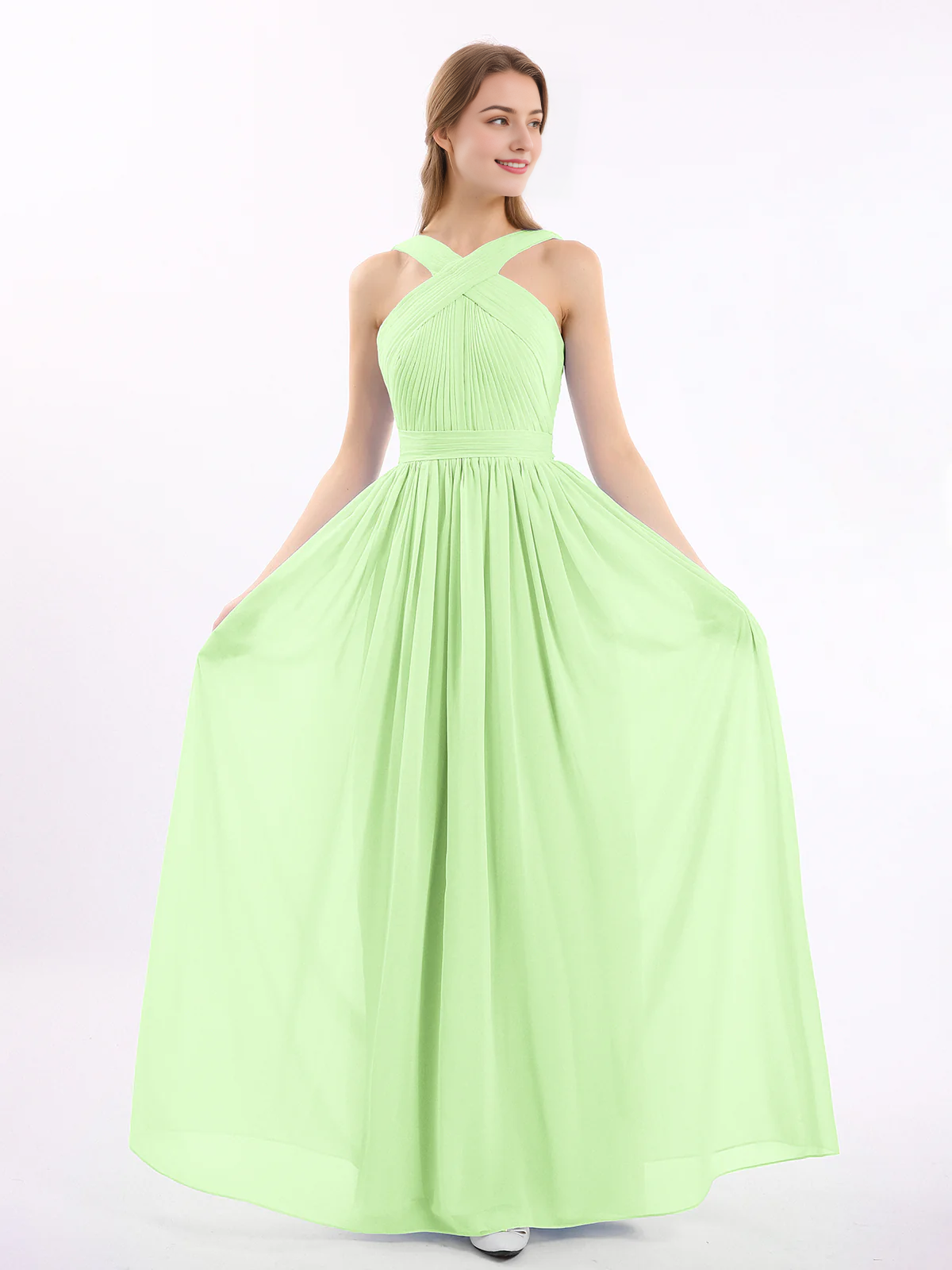 Bow front cross chiffon long dress