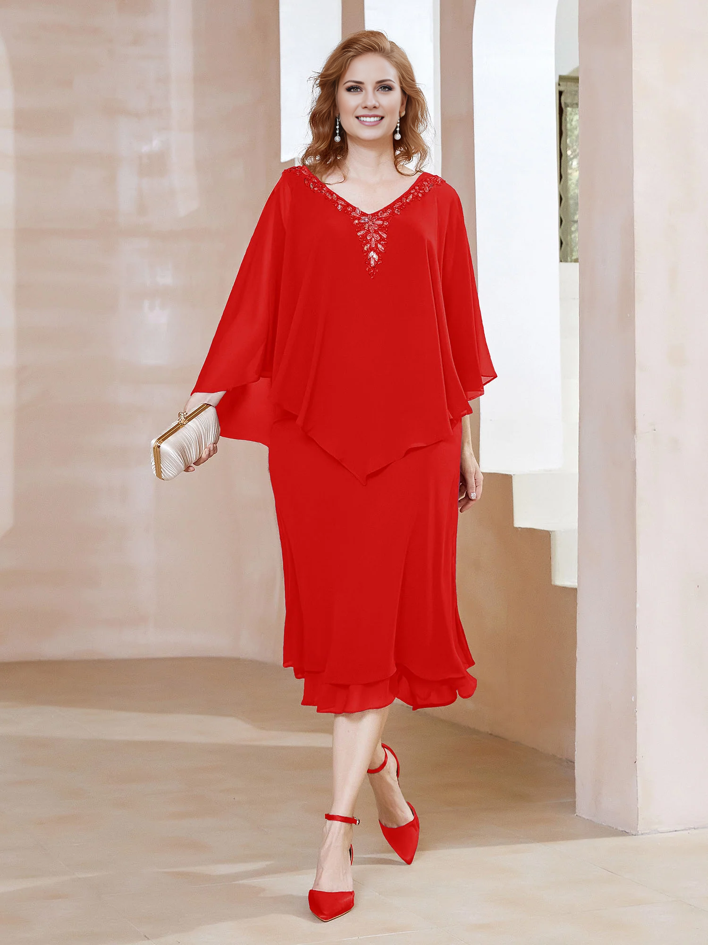 Chiffon V-neck ruffle sleeves mother of the bride dress