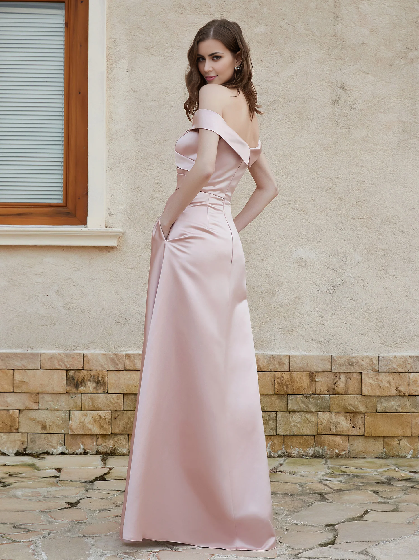 Open slit shoulder satin dress