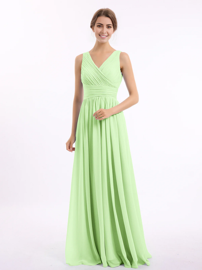 V-neck and floor chiffon dress