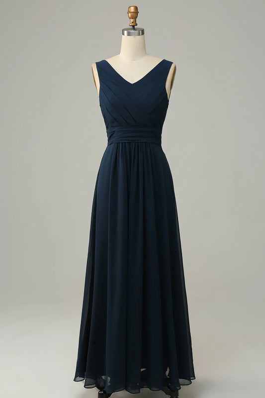 Navy Blue V-neck Sleeveless A-line Bridesmaid Dress